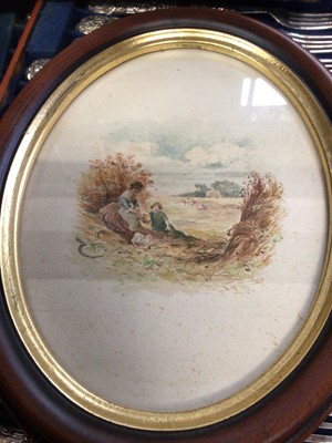 Lot 165 - School of Birkett-Foster- watercolour cart and figures crossing stream and another small oval watercolour Harvesnting