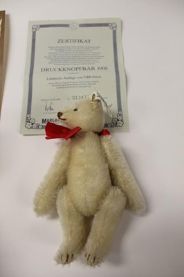 Lot 1885 - Three Steiff teddy bears - Teddy Rose, Snap - a- part- Teddy Bear 1908 and British Collector's 1906 Teddy Bear, all boxed (3)