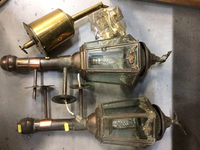 Lot 566 - Pair of carriage lanterns and an antique brass clockwork roasting jack