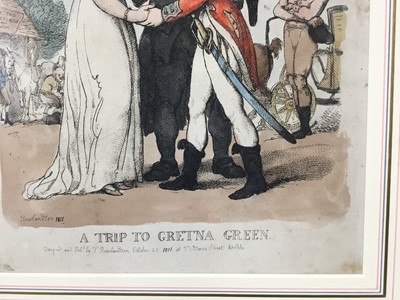 Lot 111 - Thomas Rowlandson, A Trip to Gretna Green, satirical print dated 1811, framed and glazed