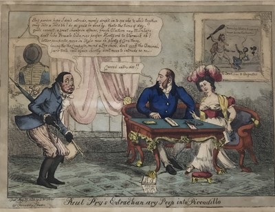 Lot 112 - Henry Heath, Paul pry's extrachan ary peep into Piccadillo, rare hand-coloured etching dated May 29 1826, published by S.W. Fores, framed and glazed