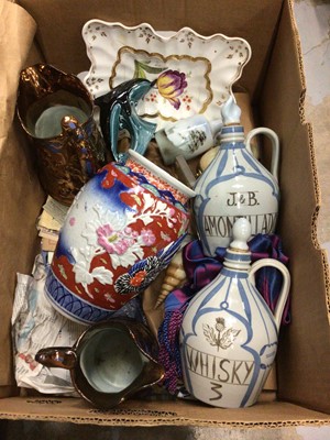 Lot 109 - Two boxes of sundries, including china, pair of Scottish whisky decanters, etc