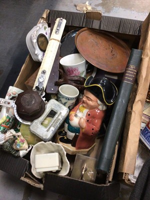 Lot 109 - Two boxes of sundries, including china, pair of Scottish whisky decanters, etc