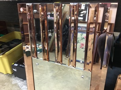Lot 1104 - Art Deco bathroom mirror with etched octopus and fish design and two mirrored doors below, together with two Art Deco tinted and bevelled glass wall mirrors