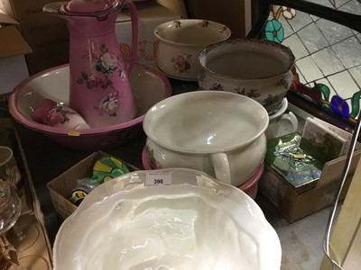 Lot 396 - Edwardian wash jug and basin set, various chamber pots and China to include a jardiniere on stand and Victorian tiles