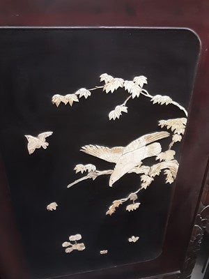 Lot 961 - Late 19th century Japanese two fold screen with lacquered panels and applied carved bone bird and flowers