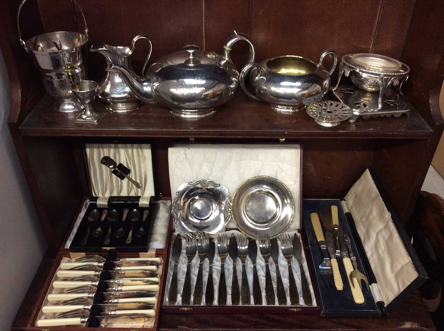 Lot 130 - Silver plated three piece tea set, boxed sets cutlery and other plated ware