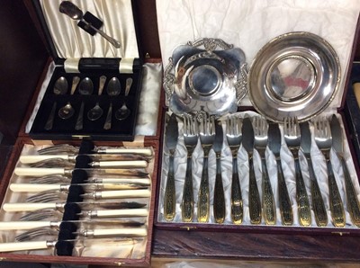 Lot 130 - Silver plated three piece tea set, boxed sets cutlery and other plated ware