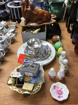 Lot 410 - Sundry items, including jewellery, lighters, coins, silver plate, china, walrus sculpture, etc