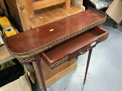 Lot 929 - Art Deco walnut centre table, French-style consul table with ormolu gallery and two French-style painted armchairs (4)