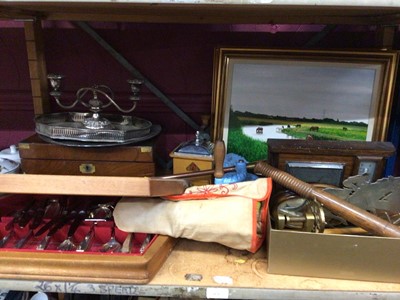 Lot 547 - Canteen of plated cutlery and other flatware, pendulum wall clock, coffee grinders, brass posting horn, plated ware, wooden truncheon and sundries