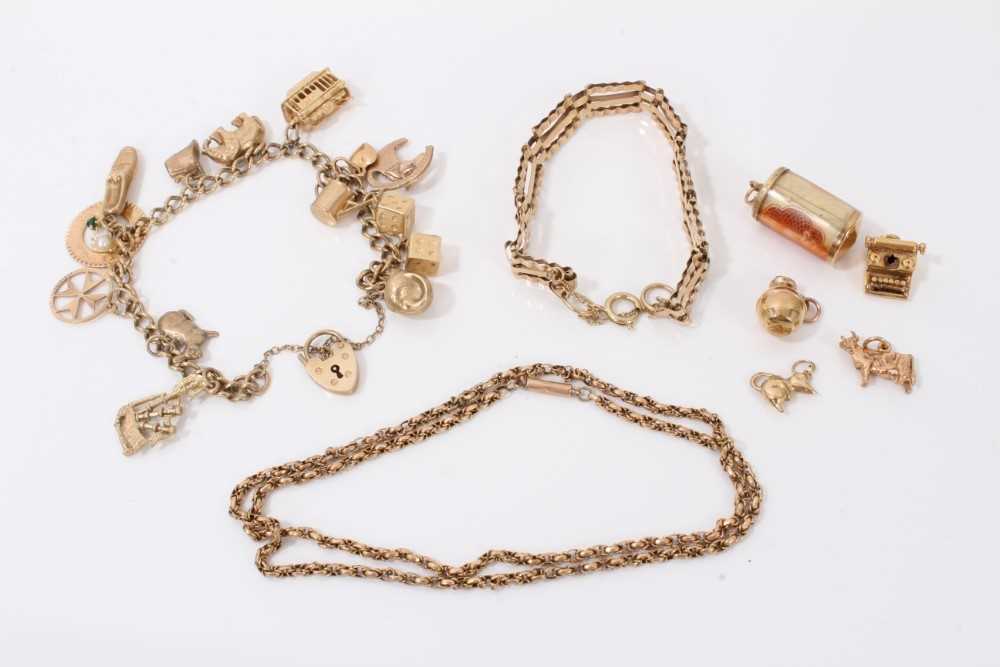 Lot 10 - 9ct gold charm bracelet with charms, together with a 9ct gold gate bracelet and an Edwardian 9ct gold chain