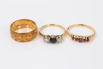 Lot 8 - 18ct gold sapphire and diamond three stone ring, garnet five stone ring and 18ct gold wedding ring