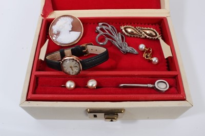 Lot 16 - Jewellery box containing vintage 9ct rose gold cased Rotary wristwatch, cameo brooch etc