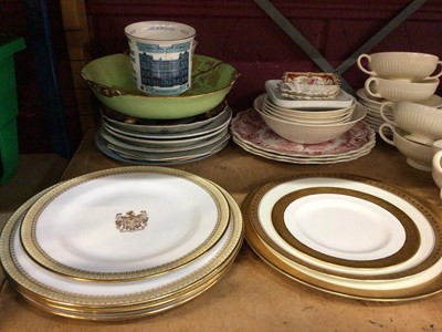 Lot 557 - Spode and Wedgwood plates and soup bowls, continental figurines, Royal Brierley Art Glass and sundry china