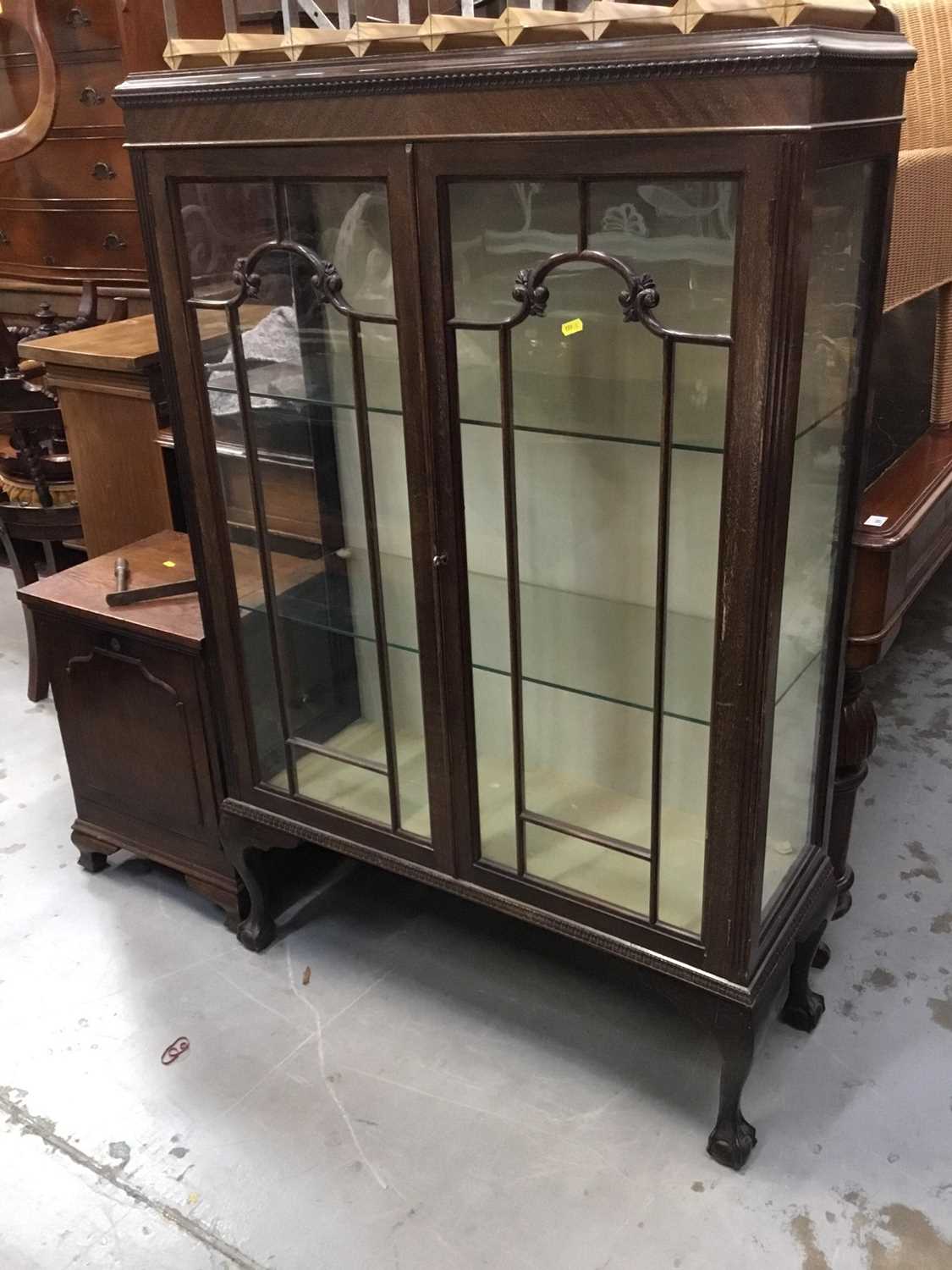 Lot 936 - 1930s mahogany display cabinet on claw and ball feet