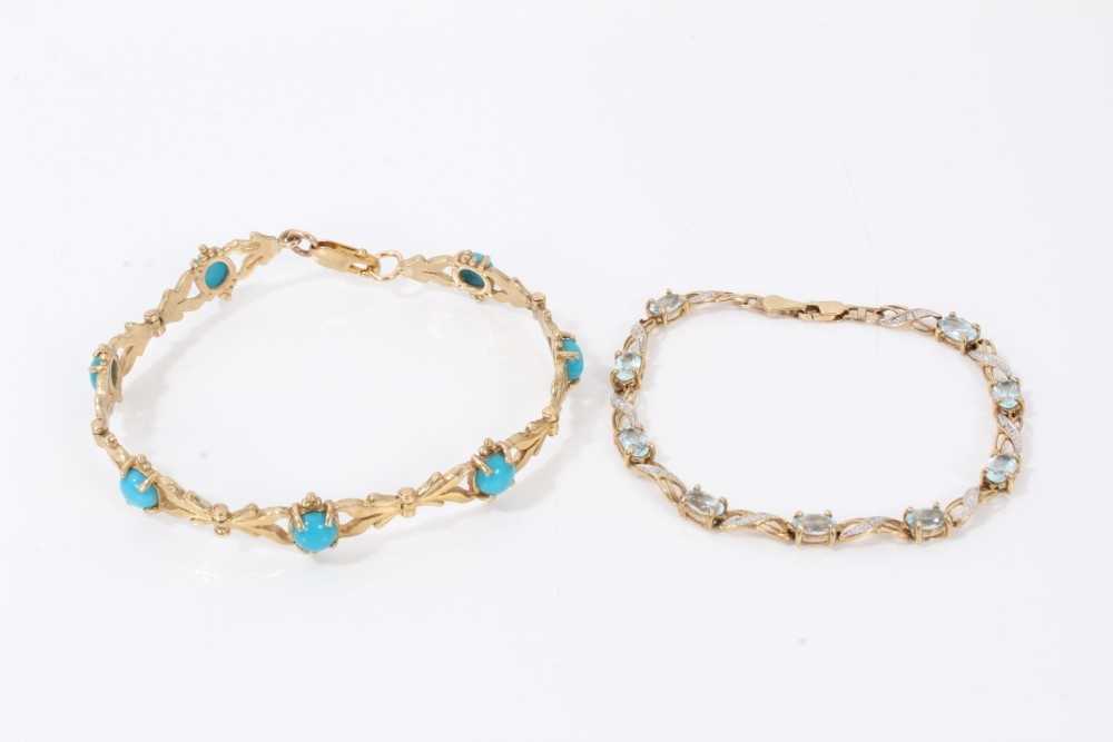 Lot 134 - 9ct gold turquoise bracelet and 9ct gold pale blue stone and diamond set bracelet