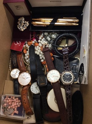 Lot 734 - One box of costume jewellery, wristwatches and pens