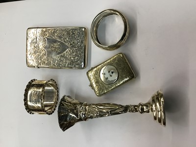 Lot 705 - Edwardian silver card case, Edwardian plated vesta case with enamel dog, silver spill vase and two silver napkin rings