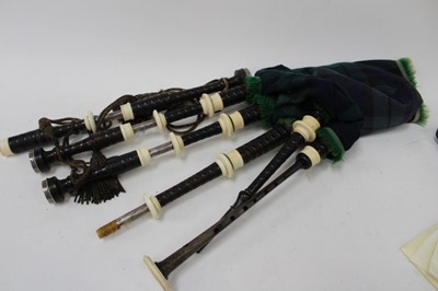 Lot 2392 - Set of 20th century Scottish bagpipes, probably by David Naill & Co. with silver and ivory mounts (Birmingham 1965), maker Peter Narborough.