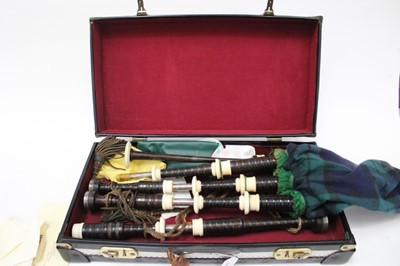 Lot 2392 - Set of 20th century Scottish bagpipes, probably by David Naill & Co. with silver and ivory mounts (Birmingham 1965), maker Peter Narborough.