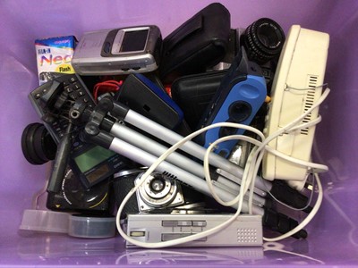 Lot 555 - Selection of cameras, cassette players, tripod etc (1 box)