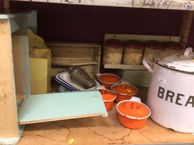 Lot 507 - Enamelled kitchen ware, pie dishes and lids, wooden racks, two brass wall lights and box of drawing accessories