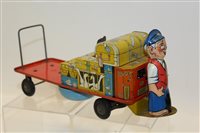 Lot 1758 - Tinplate clockwork Train Porters' cart with...