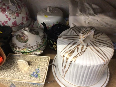Lot 142 - Sundry items, including ceramic cheese domes and tea wares, brass GWR lamps, onyx items, scales, etc