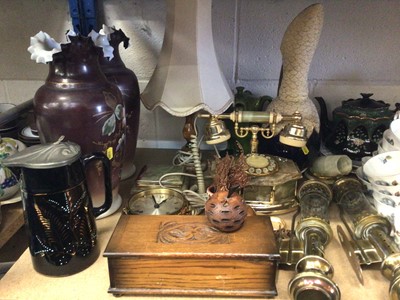 Lot 142 - Sundry items, including ceramic cheese domes and tea wares, brass GWR lamps, onyx items, scales, etc