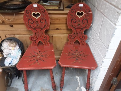 Lot 1173 - Pair decorative Dutch polychrome painted hall chairs