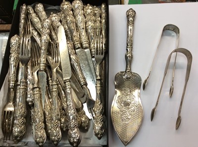 Lot 757 - Georgian silver handled knives and forks, silver cake slice and two pairs silver sugar tongs