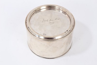 Lot 147 - George V silver tea caddy/ biscuit box in the form of a paint tin, the top engraved 'JMB from RW. 1922' London 1921, maker Goldsmiths & Silversmiths Company, 13cm in diameter