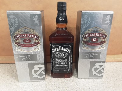 Lot 7 - Two bottles of Chivas Regal 70cl aged 12 years blended scotch whisky, in original boxes, and a 1 litre bottle of Jack Daniels (3)
