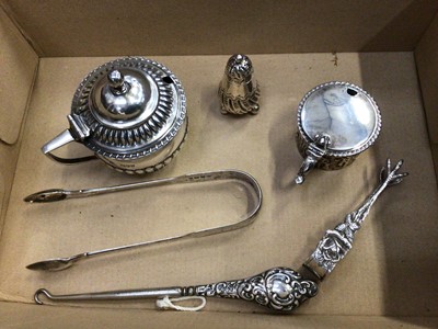 Lot 701 - Silver tongs, mustard pots, cruet and hook (6)