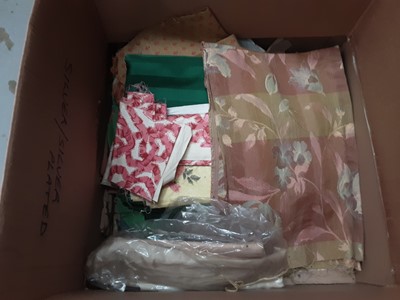 Lot 128 - Large quantity of vintage fabrics, samples, lengths and pieces including Colefax & Fowlers glazed cottons, printed cotton, velvet, damask, in two boxes.