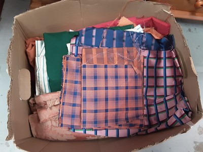 Lot 128 - Large quantity of vintage fabrics, samples, lengths and pieces including Colefax & Fowlers glazed cottons, printed cotton, velvet, damask, in two boxes.