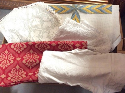 Lot 129 - Pale pink quilted bed cover, a selection of part embroidered panels, Irish crochet tea cosy, Broderie Anglaise and Bobbin lace cushion cover, large white-work bolster cover. Plus a quantity scarves...
