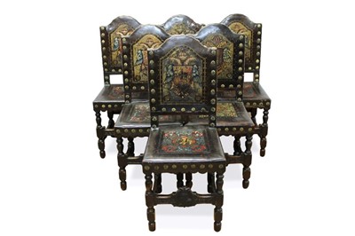 Lot 1476 - Set of eight 17th century style Spanish painted leather and stud work chairs