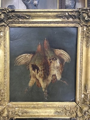 Lot 174 - 19th century oil over print of dead game in gilt frame, inscribed in pencil ' Bentley Hall, Coal Aston' together with a pair of embossed card three dimensional prints of dead game