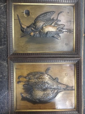 Lot 174 - 19th century oil over print of dead game in gilt frame, inscribed in pencil ' Bentley Hall, Coal Aston' together with a pair of embossed card three dimensional prints of dead game