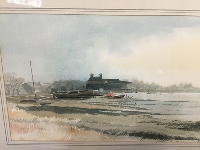 Lot 176 - Bernard Green signed impressit colour print - 'Summer morning Lower Solva, Pembrokeshire, 40/80, 1986', together with three watercolours by Russell Thomas of local views to include Manningtree and...