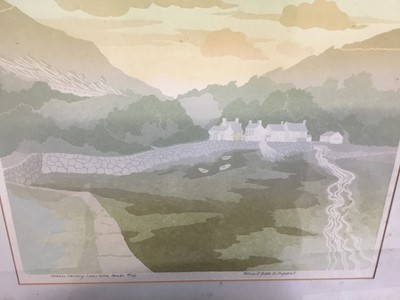 Lot 176 - Bernard Green signed impressit colour print - 'Summer morning Lower Solva, Pembrokeshire, 40/80, 1986', together with three watercolours by Russell Thomas of local views to include Manningtree and...