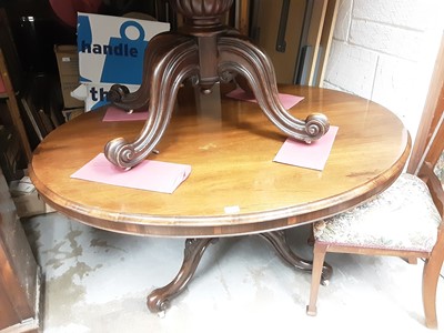 Lot 1052 - Victorian mahogany oval tilt top breakfast / loo table on ornately carved wood base