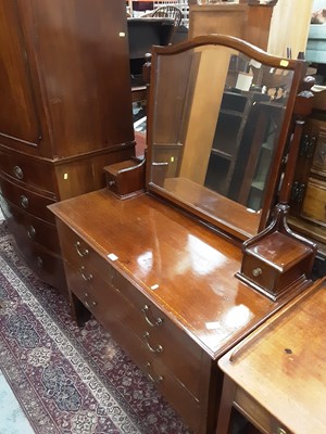 Lot 1046 - Edwardian inlaid mahogany dressing table with raised bevelled mirror back, two short and two long drawers below on square taper legs, 106cm wide, 47cm deep, 146cm high