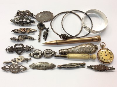 Lot 727 - Edwardian 9ct gold cased fob watch, Georgian buckles, Victorian silver brooches and bijouterie