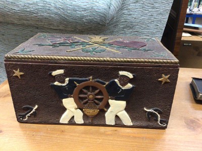 Lot 146 - Carved and painted sailor's box with contents, including ephemera, ration books, horn cup, badges, etc