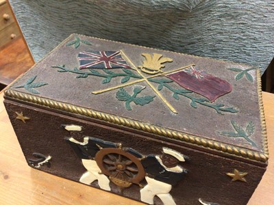 Lot 146 - Carved and painted sailor's box with contents, including ephemera, ration books, horn cup, badges, etc