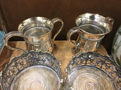 Lot 497 - Two pairs of silver plated wine coasters, pair of old Sheffield plate loving cups and other silver plated wares