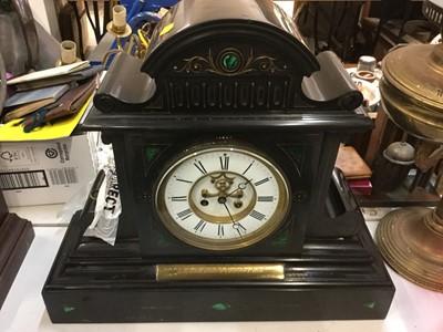 Lot 484 - Impressive Victorian black slate mantel clock with brass presentation plaque dated 1876, together with another black slate mantel clock and one other (3)